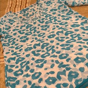Aqua Blue Teal Patterned Tunic, Sheer, 100% polyester, Washable, Rhinestones, M